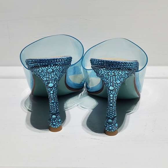 New Betsey Johnson Banks Champagne Blue Rhinestone Clear Toe Slide Heels Wmn 6.5 - Picture 2 of 6